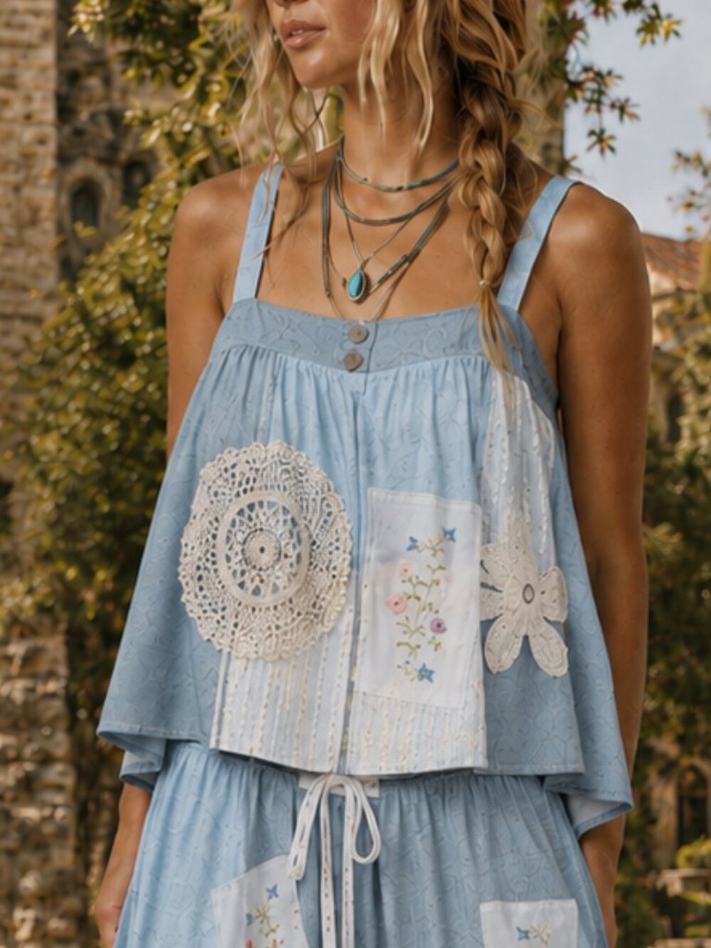 NWT POL Boho Blue Patchwork Boho Embroidered Cotton Feminine Tank Top